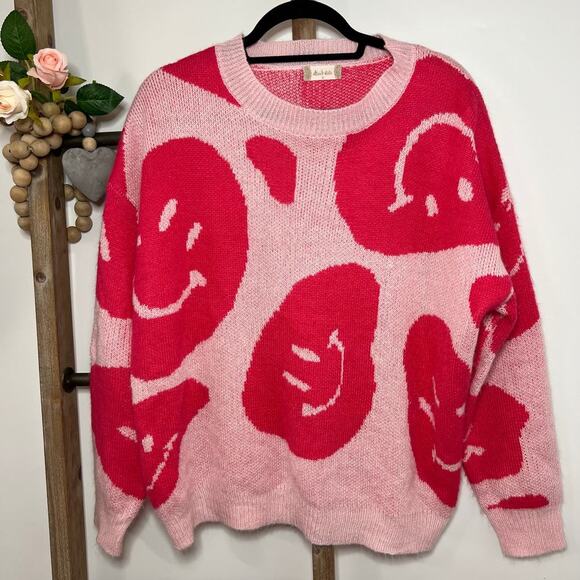Altard State Long Sleeve Crew Pink Smiley Face Oversized Sweater Size Small - Picture 2 of 7